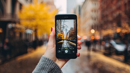 A close-up of a hand holding a mobile phone, with no content visible on the screen.
Using technology in everyday life, especially taking photos and connecting to the world through a screen.
