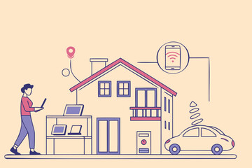 Smart Home Automation with Woman, Car, and Devices Connected to Network