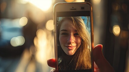 People are taking selfies or viewing themselves through their mobile phone screens. These images emphasize the perception of oneself through technology.