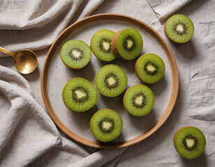 Fresh Kiwi Slices on Wooden Plate – Natural Flatlay with Linen and Golden Spoon