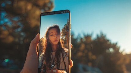 People are taking selfies or viewing themselves through their mobile phone screens. These images emphasize the perception of oneself through technology.