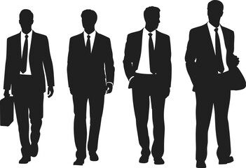 Businessmen silhouette vector set, corporate male figures in suits with briefcases for office, finance, teamwork, leadership, and business themes
