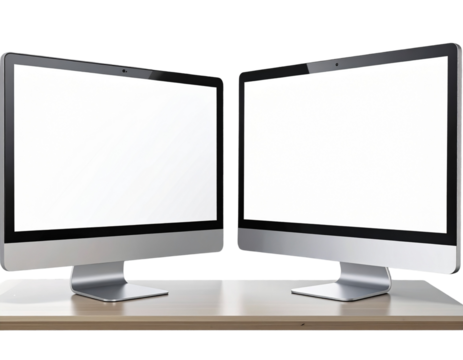  Modern Dual Computer Monitors Side by Side with Thin Bezels, Front View, Isolated PNG  