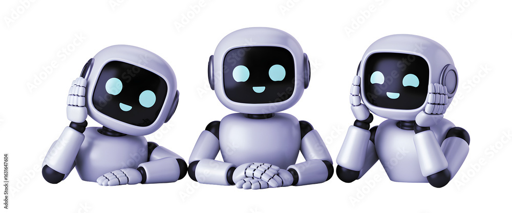 Aufkleber three cute friendly robots posing with thoughtful expressions, conveying innovation and technology c