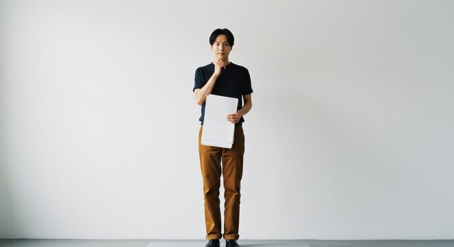 Contemplative young man holding blank papers, poised for a new idea against a minimalist white wall. - Powered by Adobe
