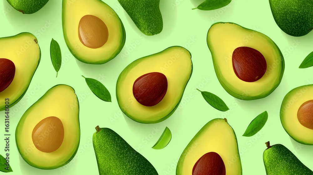 Aufkleber close up of a bunch of avocados with one of them cut open. the avocados are arranged in a pattern on