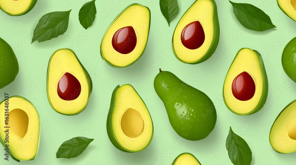 Poster pattern of avocados and leaves on a green background. the avocados are cut in half and arranged in a