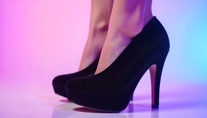 A close-up of a woman's feet in black high-heeled shoes, with a purple background, 4K and HD image.