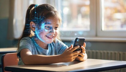A schoolgirl is sitting at a table by the window with a smartphone in her hands. An abstract digital portrait, the face is layered on a grid of data and pixels.
