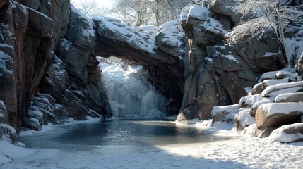 Frozen waterfall cascading through a rocky archway