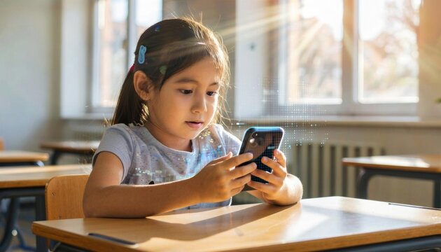 A schoolgirl is sitting at a table by the window with a smartphone in her hands. An abstract digital portrait, the face is layered on a grid of data and pixels.
