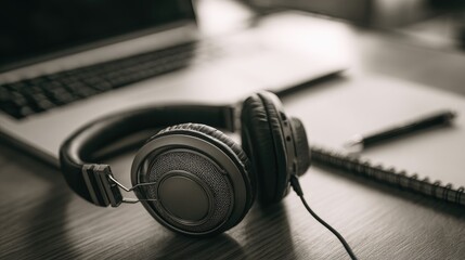 Photo of headphones, notebook, pen and laptop placed on a desk in a calm and orderly atmosphere. Working, learning or creating while listening to music or sounds to focus or relax.