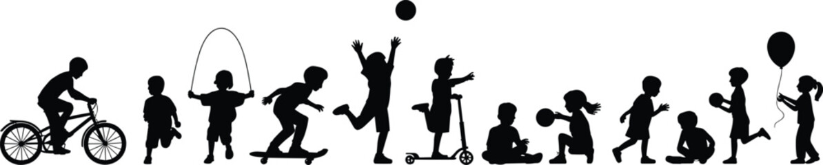 Children playing silhouette set, kids activity vector, outdoor fun graphics, sports illustration bundle, happy childhood clipart, playful moments art