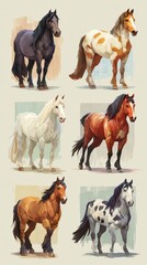 Fototapeta premium Various horse breeds in vibrant artwork showcasing their unique colors and features in a visually engaging display