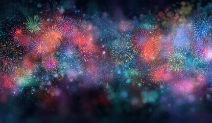 Colorful fireworks explode in a night sky, with swirling mist