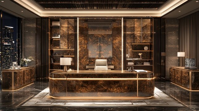Luxury executive office with dark brown marbled accents.  Modern, sophisticated, and opulent.  High-end furnishings