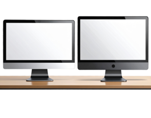 Modern Dual Computer Monitors Side by Side with Thin Bezels, Front View, Isolated PNG