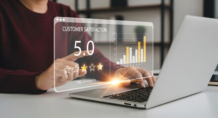 Customer Satisfaction Rating Concept. Person typing on laptop with showing five star customer satisfaction rating, bar graph, and review comment count, symbolizing service quality feedback.
