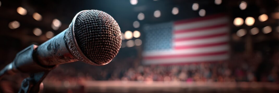 Microphone in focus before a speech event at a venue decorated with the American flag - Powered by Adobe