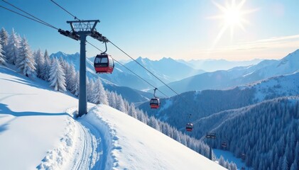 Modern ski lift ascending snowy mountain slope , ride, ski lift, winter landscape