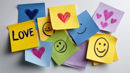 Bunch of colorful sticky notes with hearts and smiling faces on them, all written with the word LOVE