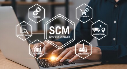 SCM, Supply Chain Management and Logistics System Concept. Person using laptop with icons representing supply chain management, logistics, inventory, delivery, procurement, production processes,