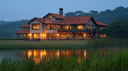 Fototapeta premium Luxurious estate home at twilight, reflecting on tranquil lake
