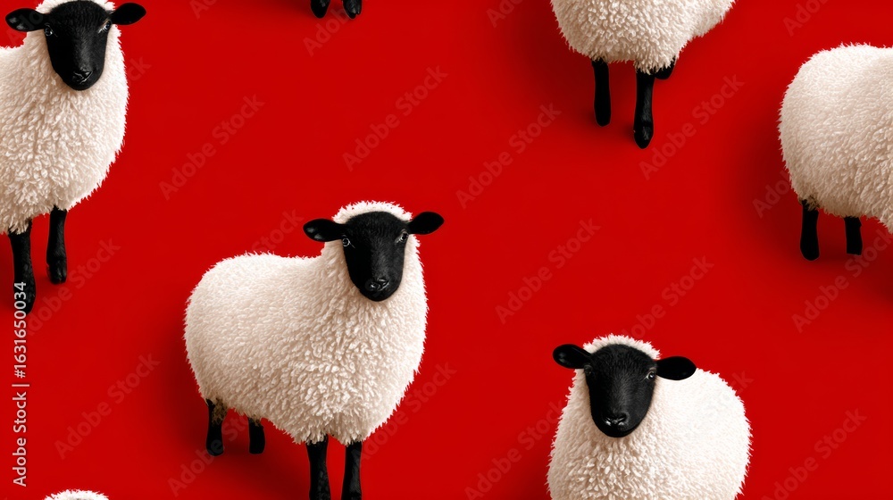 Poster Row of sheep are standing on a red background. The sheep are all different sizes and are all facing the same direction