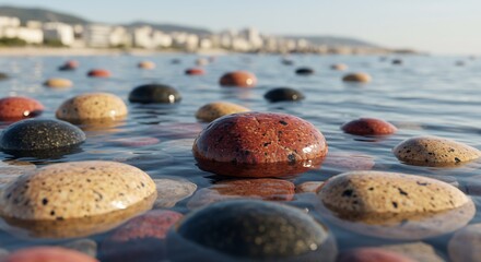 Close-up Rendering of Colorful Smooth Beach Stones Partially Submerged in Calm Water, with Coastal City in the Background, Serene Seaside Landscape