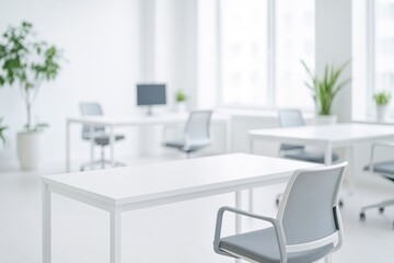 Minimalist White Office. Desks With Computers And Green Plants Near Windows