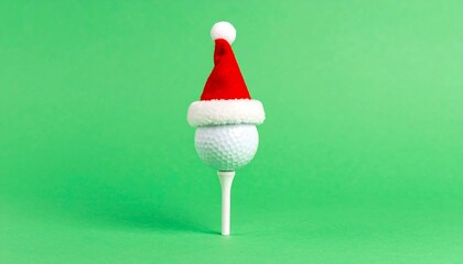 Festive golf ball wearing a small red Santa hat on a white tee, isolated against a vibrant green background. Christmas holiday sports concept.