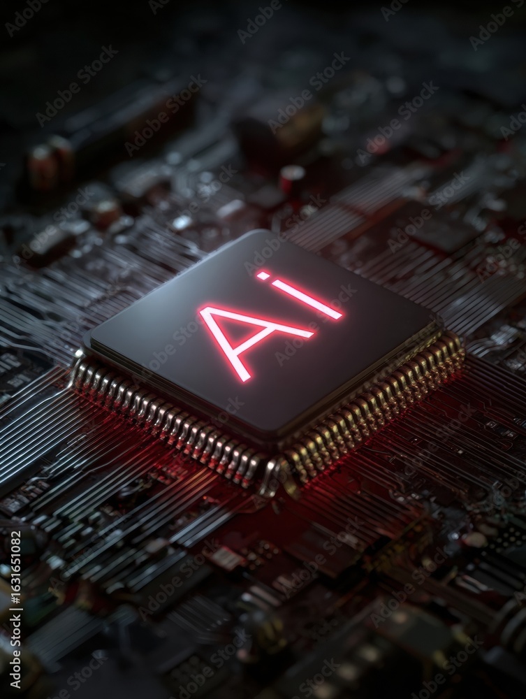 Poster innovative ai chip illuminated on a circuit board showcasing advanced technology design