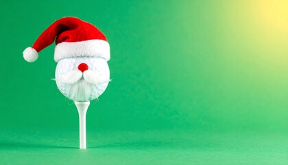 Festive golf ball decorated as Santa Claus on a white tee against a green background. Christmas sports holiday concept.