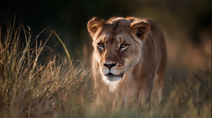 Naklejka premium Lioness Stalking Prey Tall Grass Dramatic