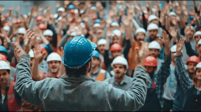 Workers in hard hats gathered together in solidarity, cheering during labor rally or protest. Ideal for footage about labor rights, unions, teamwork, or industrial action.