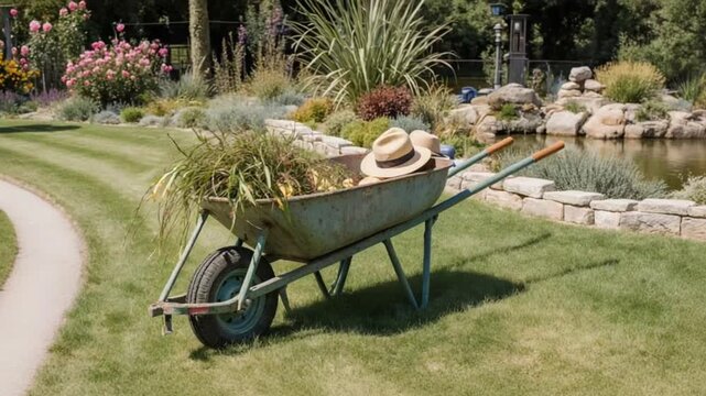 Traditional metal wheelbarrow filled with mulch in a lush garden at sunset
