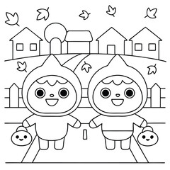 Outline illustration of two children in costumes holding pumpkins walking down a street with houses and autumn leaves