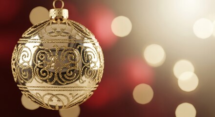 Golden christmas ornament against a festive background.