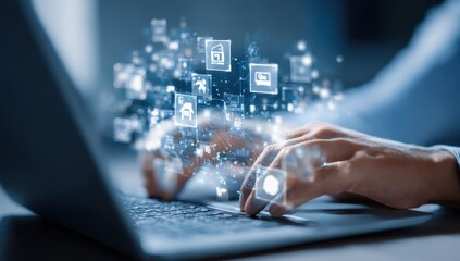 Close-up of hands typing on laptop with digital icons overlay