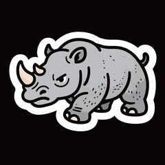 An angry and grumpy cartoon rhinoceros sticker with a strong pose and a white outline on a dark black background.