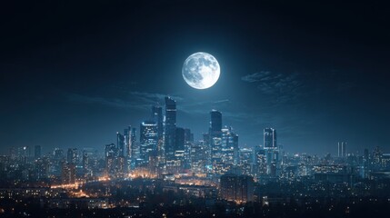 Night cityscape under full moon urban skyline aerial photography modern environment serene viewpoint tranquil concept
