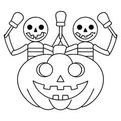 Two Skeleton Figures Holding Up a Jack-o- Lantern with Mittens on Sticks Keywords: halloween, skeleton, jack-o-lantern, pumpkin, spooky, scary, costume, holiday, autumn, fall