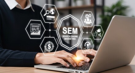 SEM, Search Engine Marketing Concept. Businessperson working on laptop with SEM icons, featuring ads, analytics, keywords, reach, pay per click, online marketing tools, digital advertising strategy,