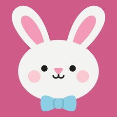 Fototapeta premium A cute and simple cartoon bunny head wearing a blue bow tie, with a sweet and innocent expression on a vibrant pink background.