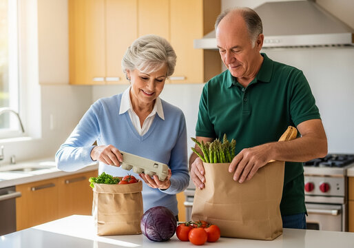 Senior Couple Unpacking Fresh Groceries in the Kitchen - Powered by Adobe