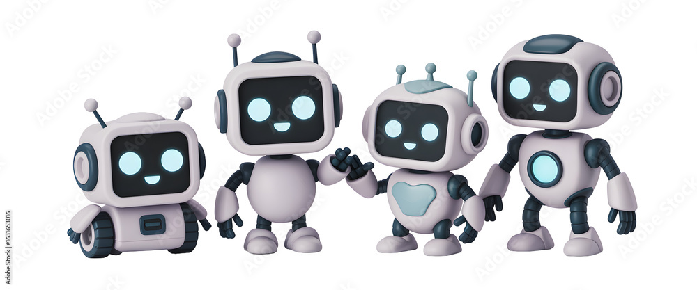 Poster friendly robots team collaborating on innovative technology projects with bright, cheerful expressio