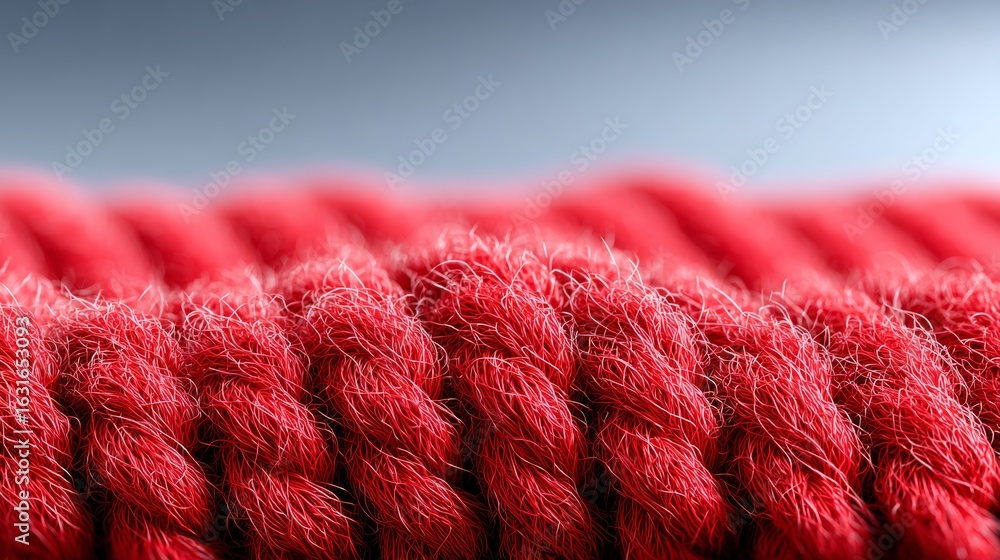 Poster close up of a red yarn with a fuzzy texture. the yarn is red and he is made of wool