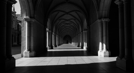 Fototapeta premium Endless Gothic Cloister with Rhythmic Light and Shadow Perspective