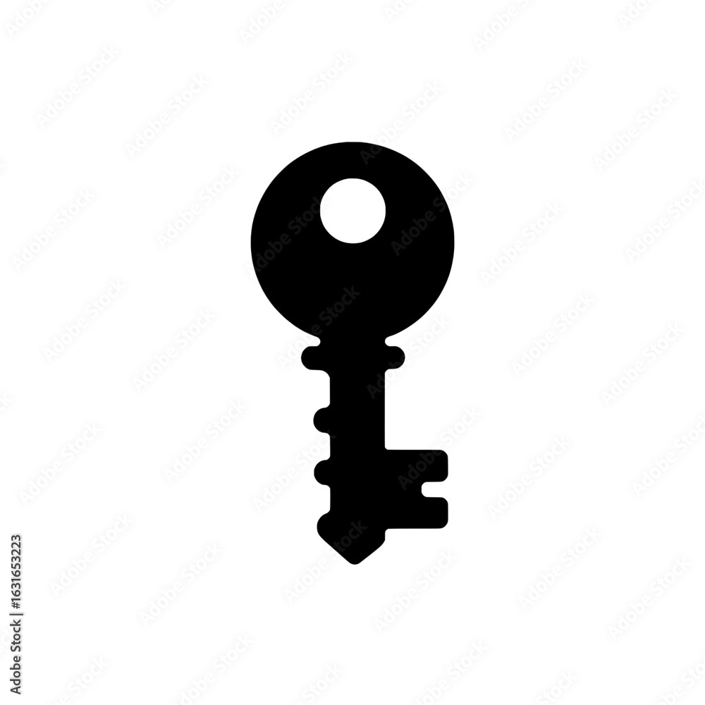 Poster simple black and white vector key icon. monochrome illustration of a key with a round head and serra