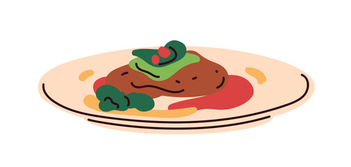 Food on plate. Dinner dish, cooked meal. Meat, vegetables, herbs and sauces. Eating, culinary delicacy, delicious lunch with beef and greens. Flat vector illustration isolated on white background